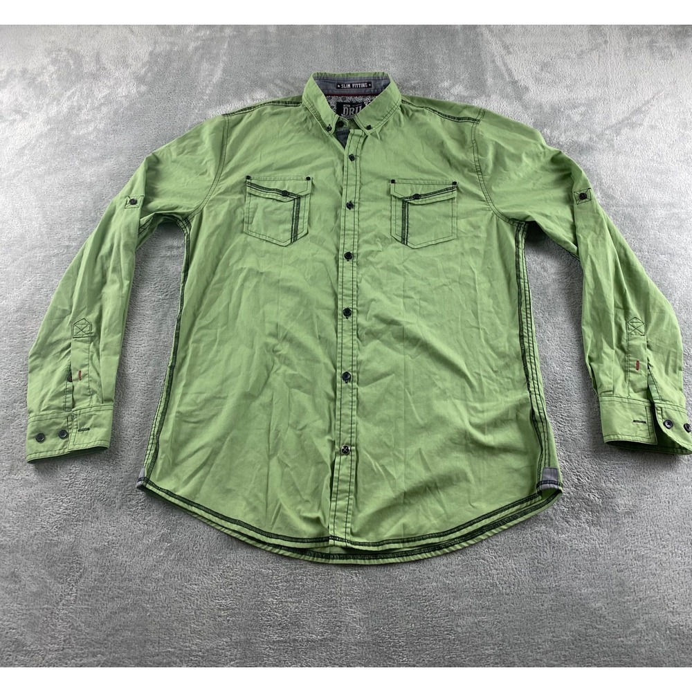 Drill‎ Clothing Co Mens Slim Fit Button Down Shirt Lime Green Contrast Stitch L